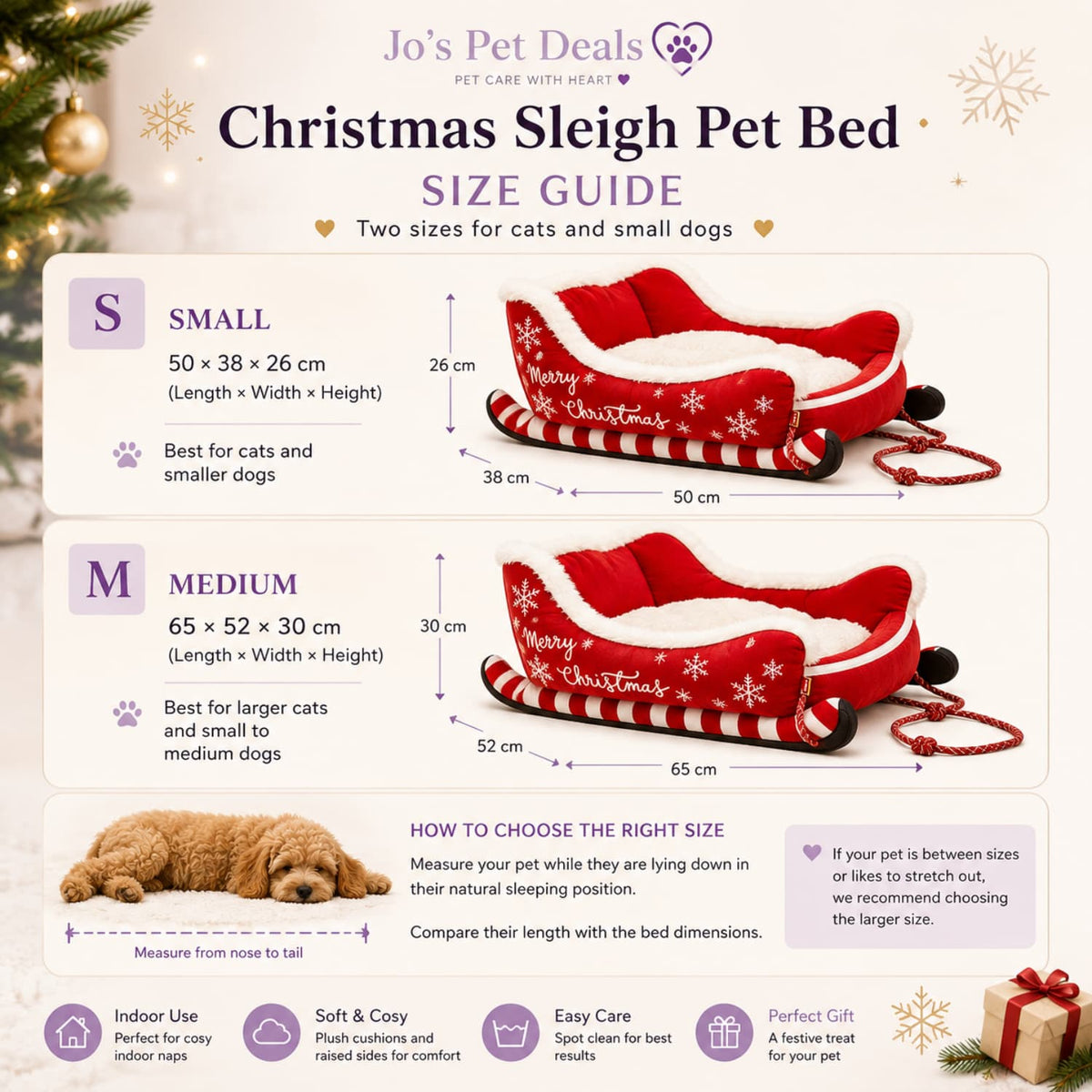 Christmas sleigh pet bed size guide showing small and medium dimensions for cats and dogs