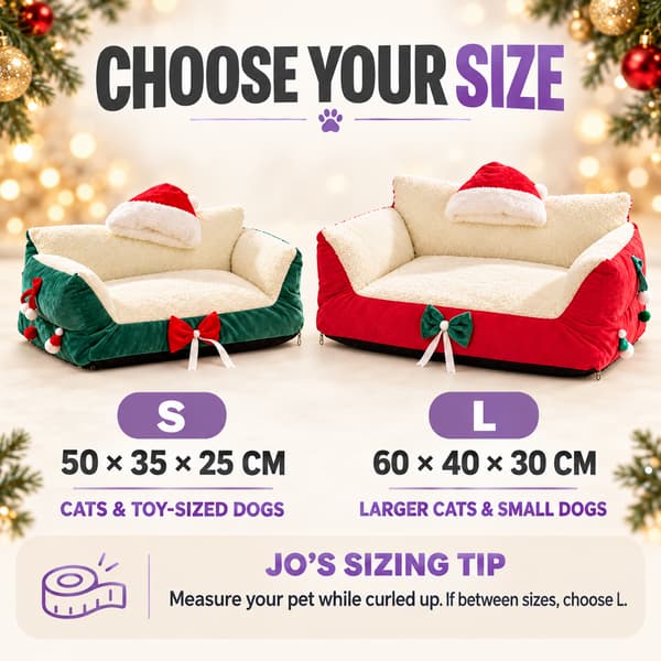 Christmas sleigh pet bed size guide showing S 50 by 35 by 25 cm and L 60 by 40 by 30 cm