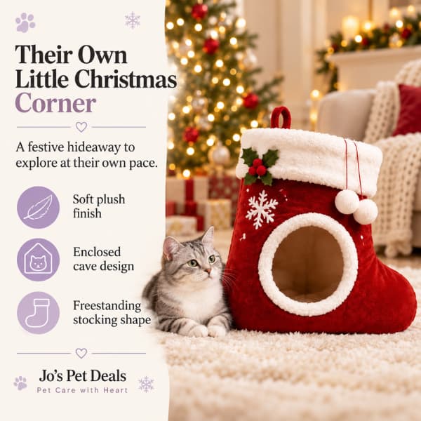 Silver tabby beside a red stocking cat bed, with text highlighting its plush finish, enclosed cave design and freestanding shape.