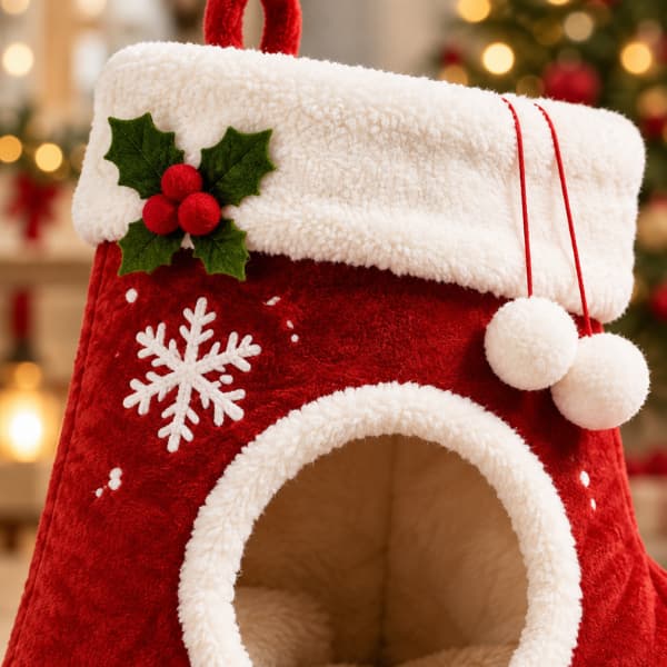Close-up of a red plush stocking cat bed showing its white cuff, holly decoration, snowflake, two pom-poms and fluffy entrance trim.
