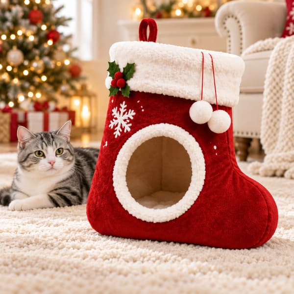 Red plush stocking-shaped cat bed on a cream rug, with a silver tabby resting beside it and Christmas lights in the background.