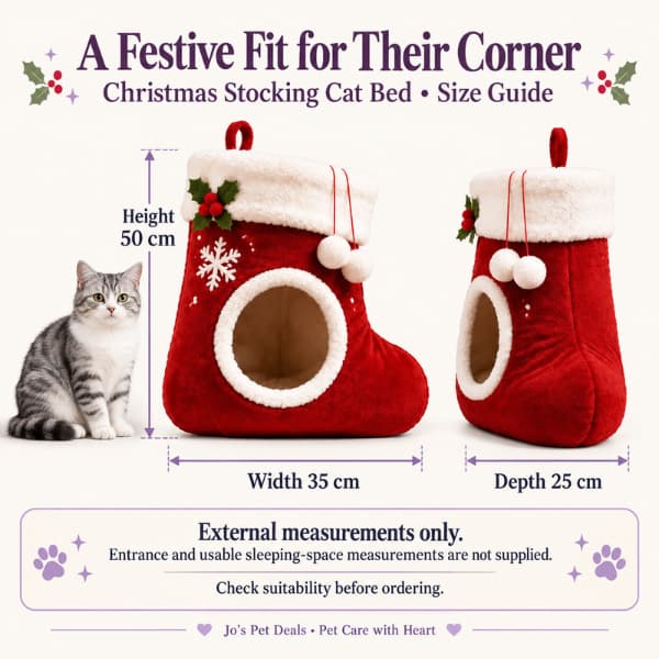 Front and side views of a Christmas stocking cat bed showing external dimensions of 50 cm high, 35 cm wide and 25 cm deep, with a tabby cat beside it.