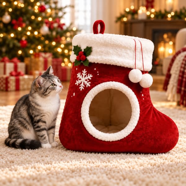 Silver tabby cat sitting beside a red stocking-shaped plush cat bed with white trim in a softly lit Christmas living room.
