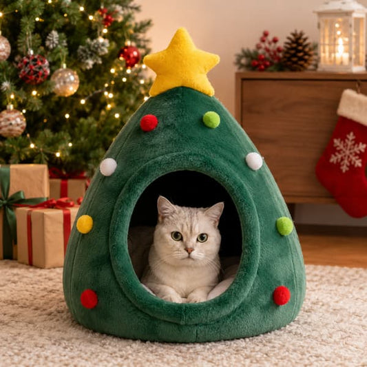 Christmas tree cat bed with cat relaxing inside a cosy festive hideaway