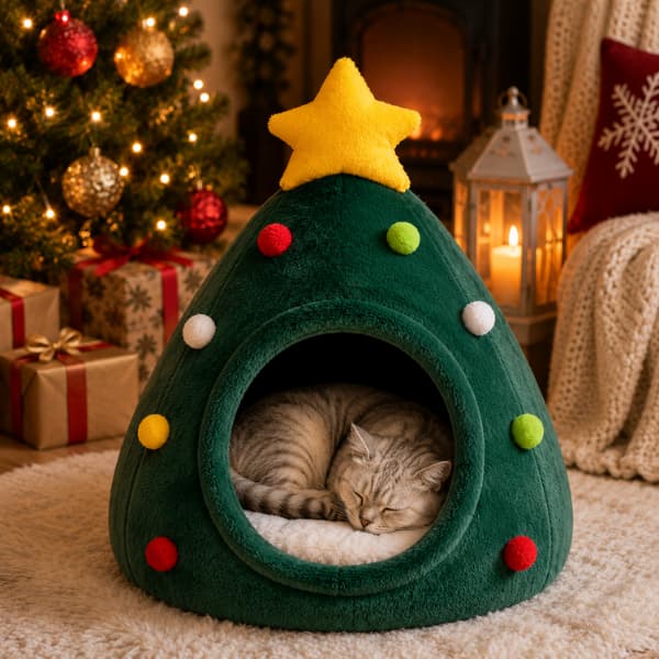 Cat sleeping inside a cosy Christmas tree cat bed beside festive decorations