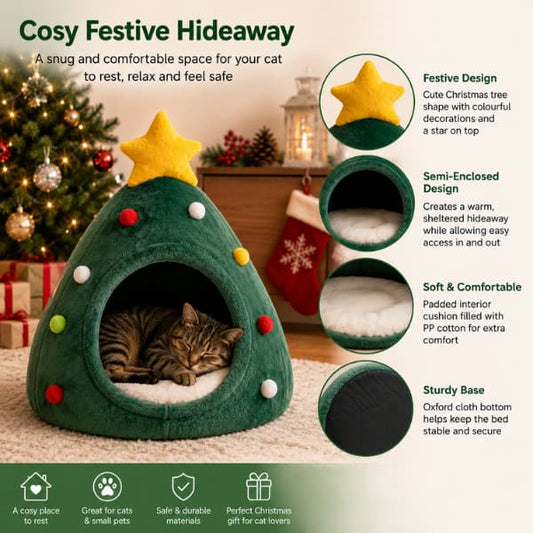 Christmas tree cat bed showing semi-enclosed design, soft cushioned interior and festive features