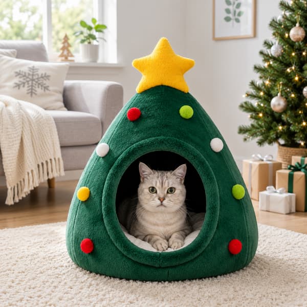 Cat relaxing inside a Christmas tree cat bed in a bright modern home