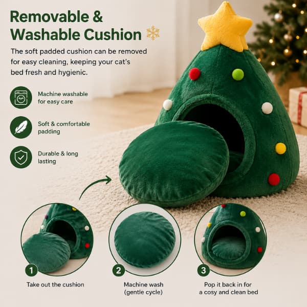 Christmas tree cat bed showing removable padded cushion for easy cleaning