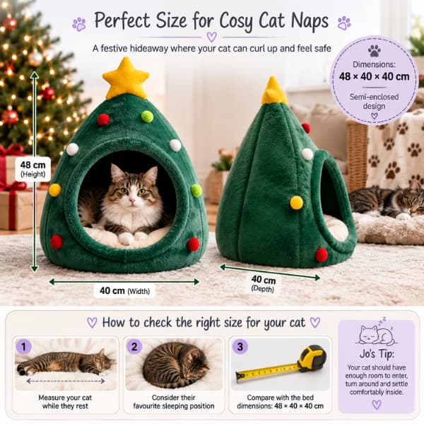 Christmas tree cat bed size guide showing 48 x 40 x 40 cm dimensions and how to measure your cat