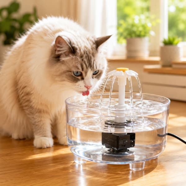 Fluffy cat drinking from a clear automatic USB pet water fountain with filter in a bright modern home, promoting healthy hydration for cats and small dogs.