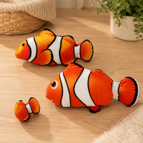 Realistic plush clownfish cat toys displayed on a wooden floor in a cozy indoor setting for cats and kittens
