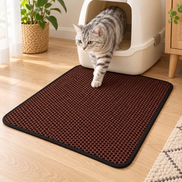 Silver tabby cat stepping onto a coffee-brown double-layer honeycomb litter mat