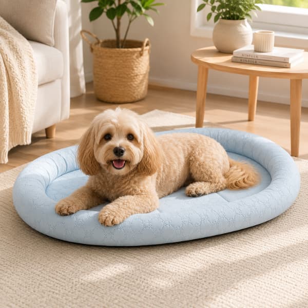 Small dog relaxing on a light blue cooling pet bed in a bright modern living room, showing breathable summer comfort for dogs and cats.