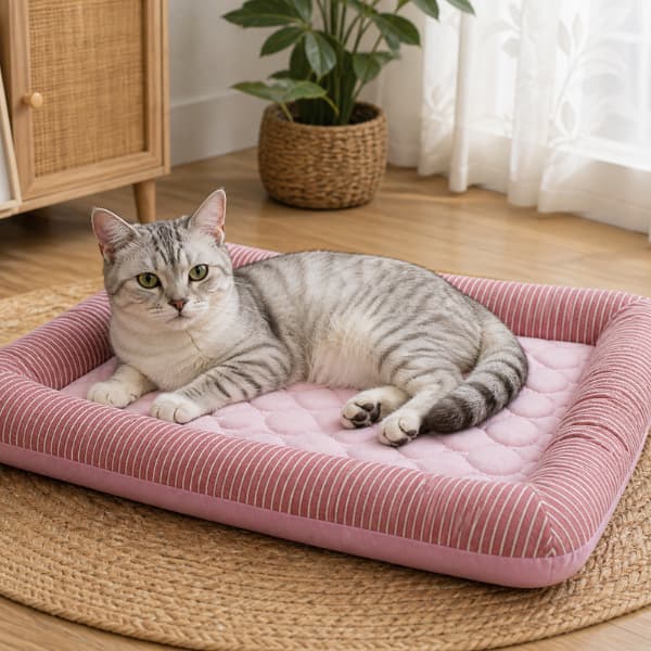 cat relaxing on cooling pet bed in a cozy home staying cool and comfortable during summer