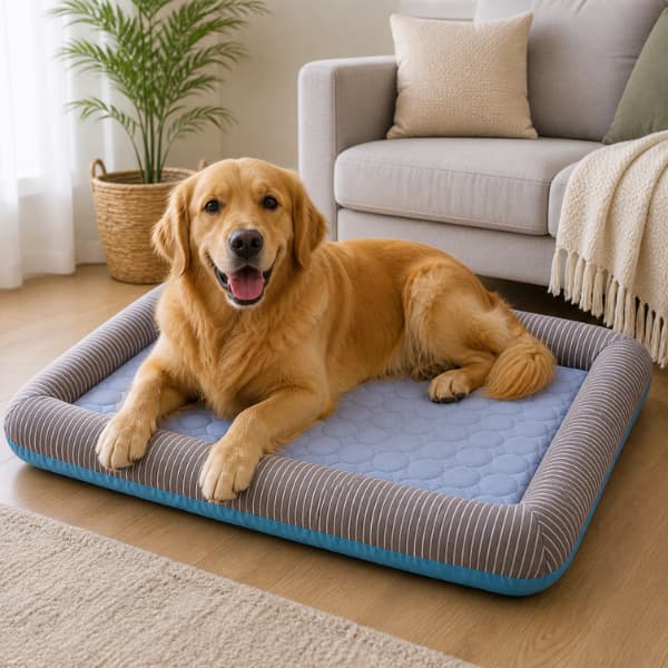 dog relaxing on cooling pet bed in a home keeping cool and comfortable during summer