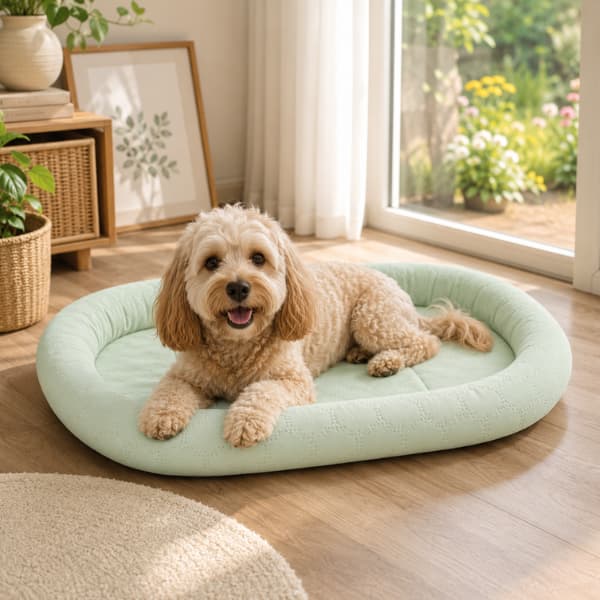Small dog relaxing on a mint green cooling pet bed in a bright modern home with natural sunlight, showing breathable summer comfort for dogs and cats.