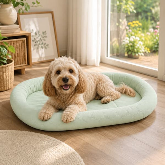 Small dog relaxing on a mint green cooling pet bed in a bright modern home with natural sunlight, showing breathable summer comfort for dogs and cats.