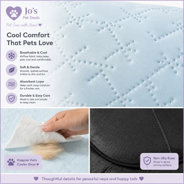 Premium infographic showing the breathable cooling fabric, absorbent layer, non-slip base and easy-care features of a cooling pet bed for dogs and cats.