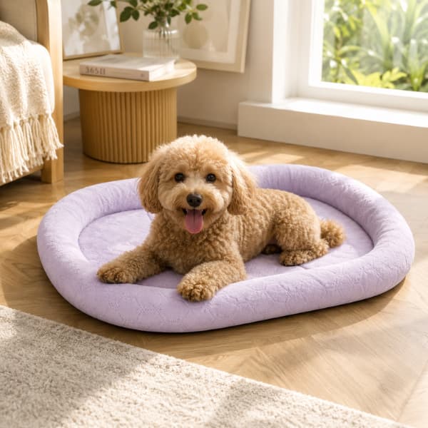 Small dog relaxing on a soft purple cooling pet bed in a bright modern home during summer, showing breathable comfort for dogs and cats.