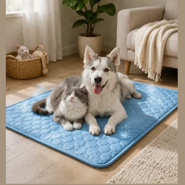 Dog and cat relaxing together on a blue cooling pet mat indoors during summer to stay cool and comfortable