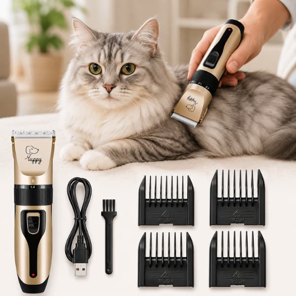 Long-haired cat being groomed with cordless pet clippers alongside complete grooming kit including charging cable, cleaning brush and guide comb attachments