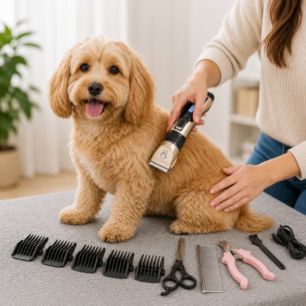 Cordless pet grooming clippers with guide combs, scissors, nail clippers and grooming accessories for dogs, cats and rabbits