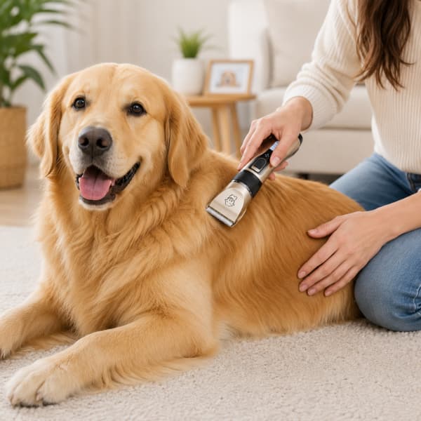 Dog being groomed at home with cordless pet grooming clippers, professional rechargeable trimmer for dogs, cats and rabbits