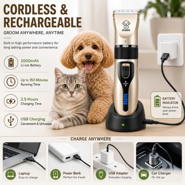 Cordless rechargeable pet grooming clippers with USB charging, long battery life and low noise design for dogs, cats and rabbits