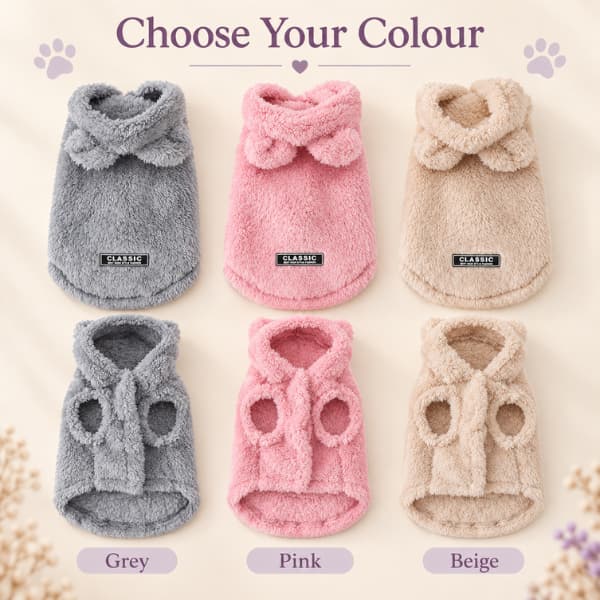 Cosy fleece pet hoodie colour options in grey, pink and beige shown from the front and back