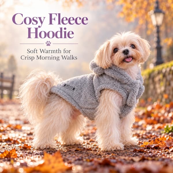 Small cream dog wearing a grey cosy fleece hoodie during a crisp autumn morning walk