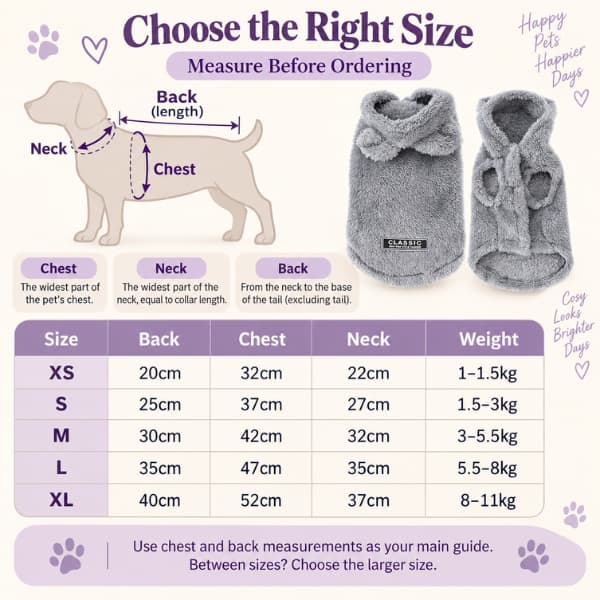 Cosy fleece pet hoodie size guide showing neck, chest and back measurements for sizes XS to XL