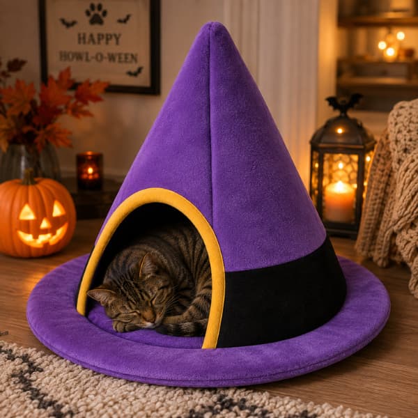 Tabby cat sleeping inside a cosy purple Halloween witch hat cat bed