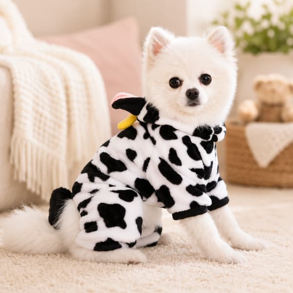Small fluffy white dog wearing a cozy cow-print winter onesie sitting indoors on a soft rug in a warm home setting