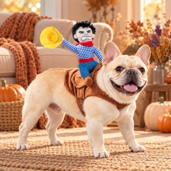 French Bulldog wearing a funny cowboy rider costume in a warm autumn home setting.