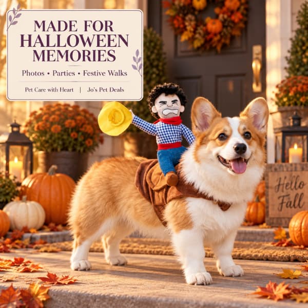 Corgi wearing a funny cowboy rider costume on an autumn porch decorated for Halloween.