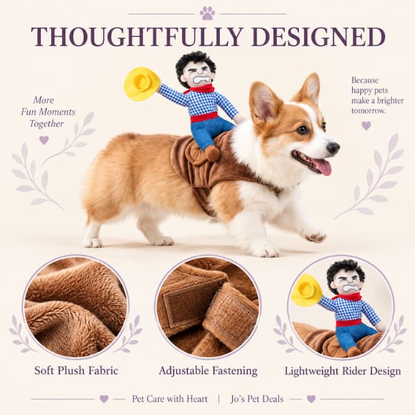 Corgi wearing a cowboy rider costume with plush fabric, adjustable fastening and rider design details.