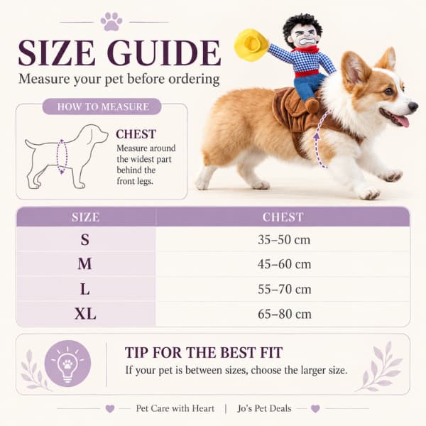 Cowboy rider dog costume size guide showing chest measurements from small to extra large.