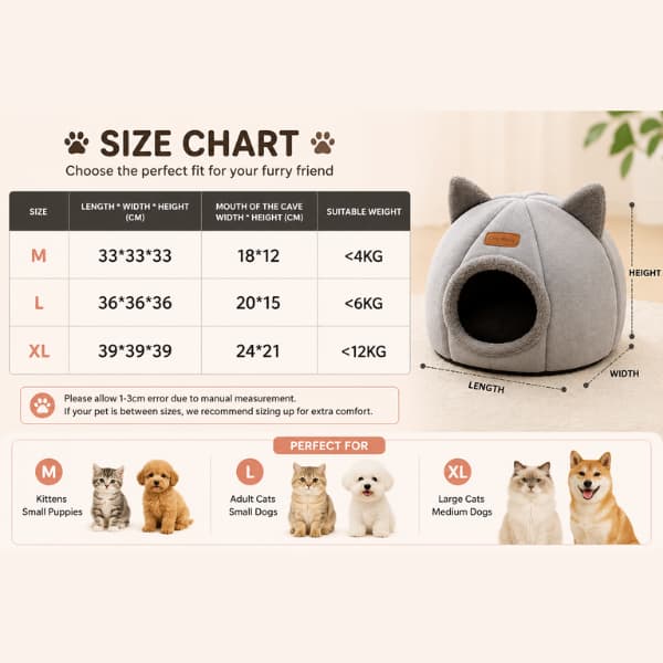 Cozy cave cat bed size chart showing dimensions cave opening measurements and recommended pet weights for cats kittens puppies and small dogs
