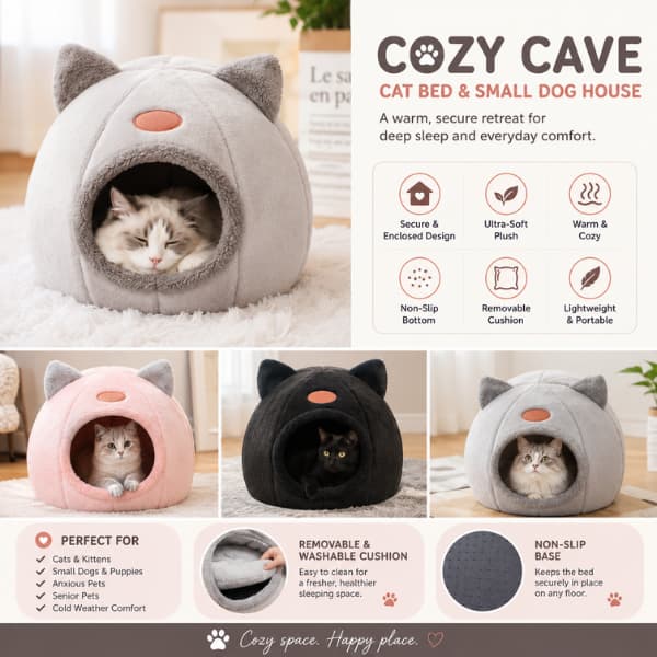 Cozy cave cat bed and small dog house with enclosed design, removable cushion, non-slip base and warm plush comfort for pets