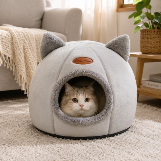 Cat relaxing inside a cozy cave cat bed with soft plush fabric and enclosed design for warmth, comfort and security