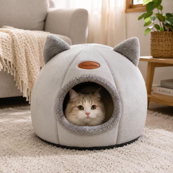 Cat relaxing inside a cozy cave cat bed with soft plush fabric and enclosed design for warmth, comfort and security