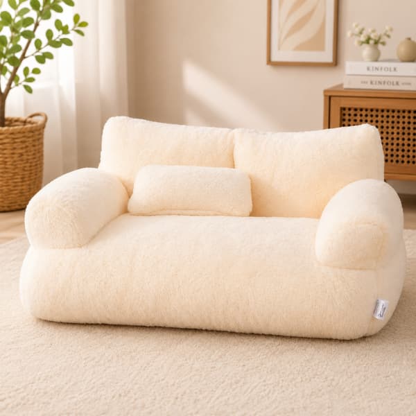 Luxury cream plush pet sofa bed with soft faux fur fabric and supportive cushion for cats and small dogs indoors