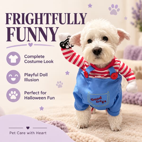 Small white dog wearing a blue creepy doll costume beside the benefits complete costume look, playful doll illusion and perfect for Halloween fun