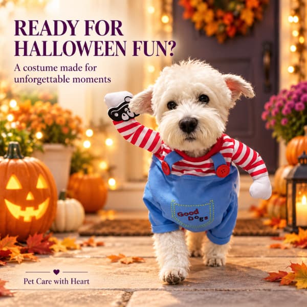 Small white dog walking in a blue creepy doll Halloween costume with striped stuffed arms and a soft pretend knife