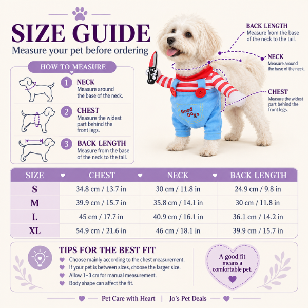 Creepy doll dog costume size guide showing chest, neck and back measurements for sizes S to XL