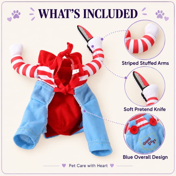 Creepy doll dog costume with striped stuffed arms, blue overalls and a soft pretend knife prop