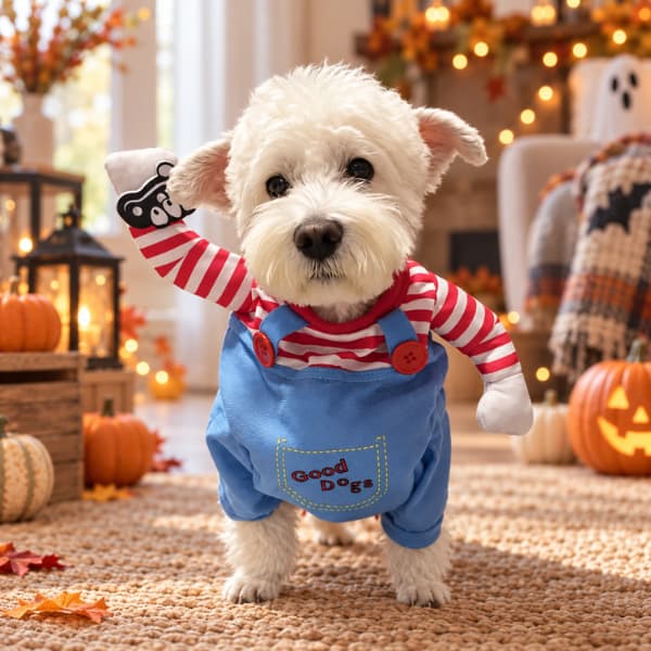 Small white dog wearing a blue creepy doll Halloween costume with striped arms and a soft pretend knife