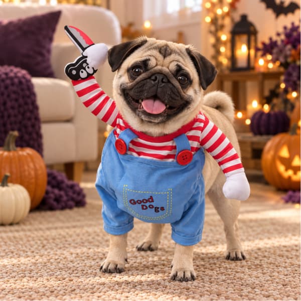 Fawn Pug wearing a blue creepy doll Halloween costume with striped stuffed arms and a soft pretend knife