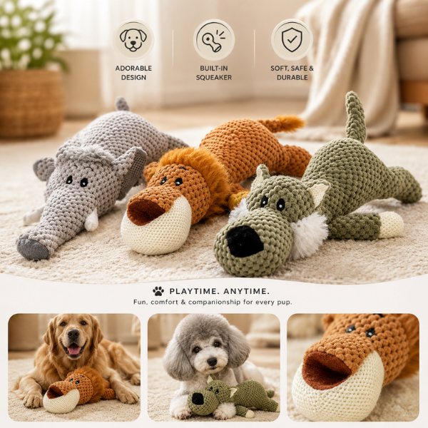 Premium crochet-style squeaky dog toys with animal designs for puppies and small dogs playing indoors