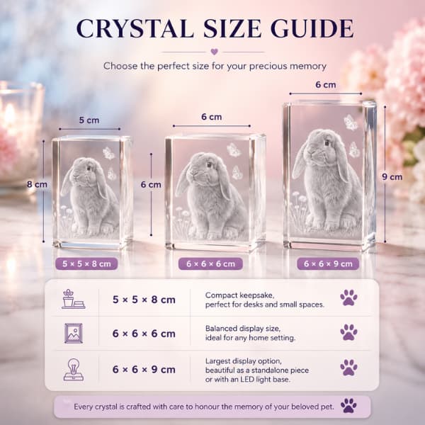 Crystal pet memorial size guide showing 5x5x8cm, 6x6x6cm and 6x6x9cm personalized crystal keepsake options